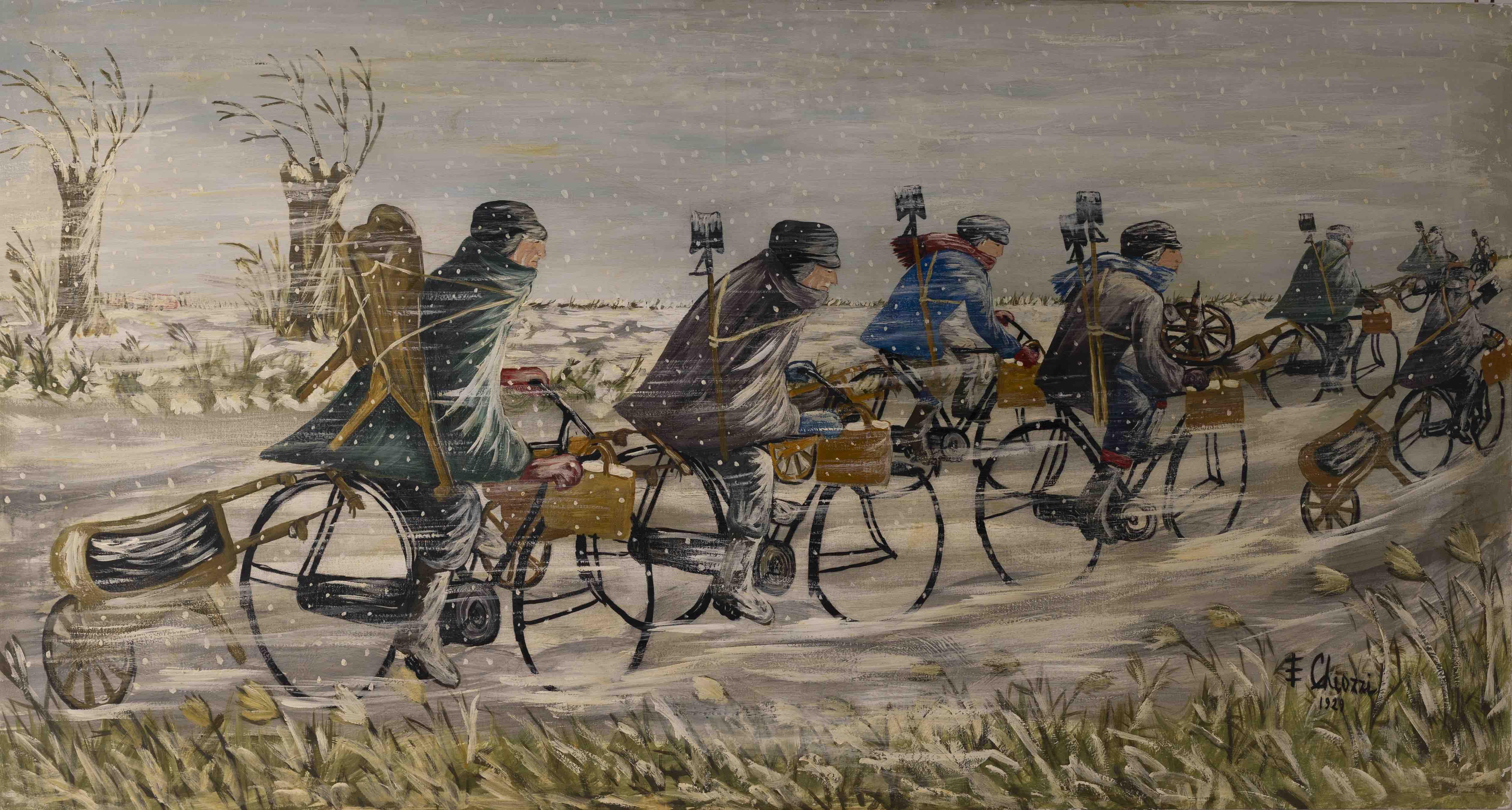 Fig. 6. Ermanna Chiozzi, <i>Ritorno degli scariolanti d’inverno</i>, tecnica mista su tela, 80x150 cm, Collezione privata.
